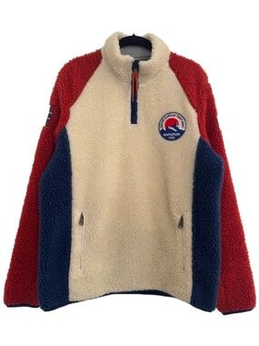 Napapijri Yupik Half-Zip Fleece Sherpa Colorblock Sweatshirt Cream Blue Red